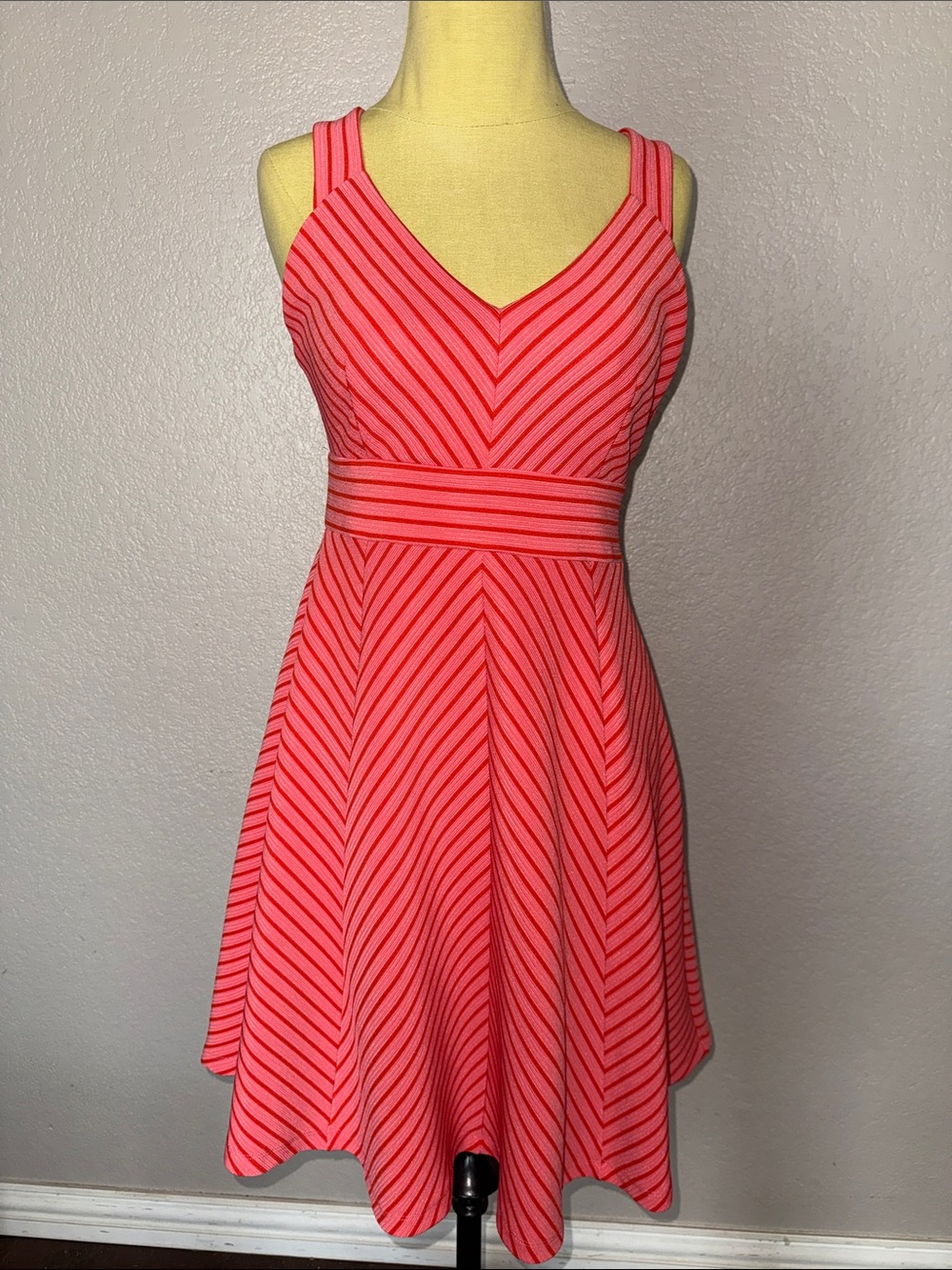 Adrianna Papell Pink Coral Striped Fit & Flare Dress Petite Medium